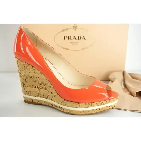 Prada Pink Patent Platform Wedge Heel Espadrille Peep Pumps - Picture 2 of 12